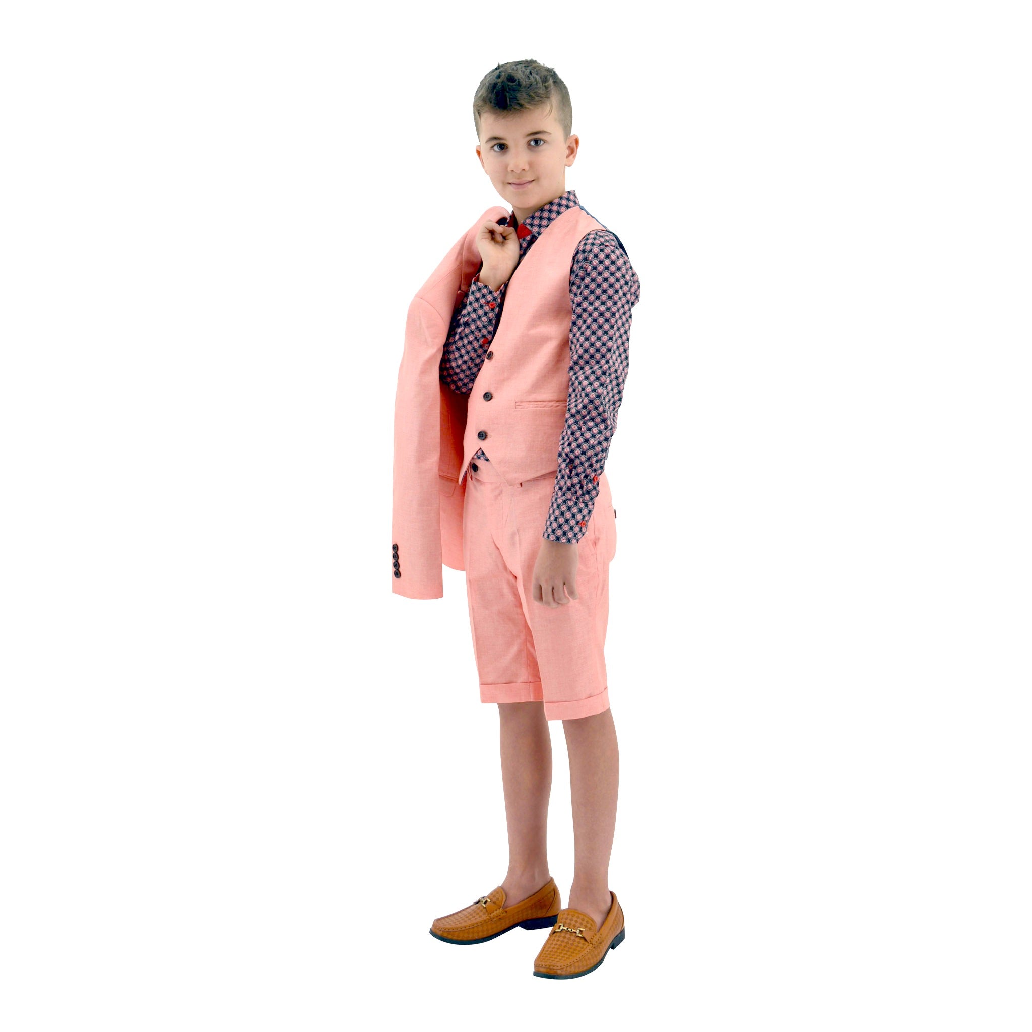 Ronaldo Salmon Pink 3pc Skinny Designer Suit With Shorts