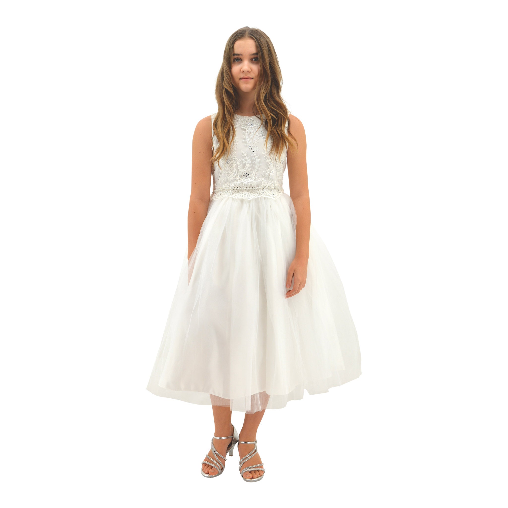 Paparazzi White Satin Communion Dress with Embellished diamond waist