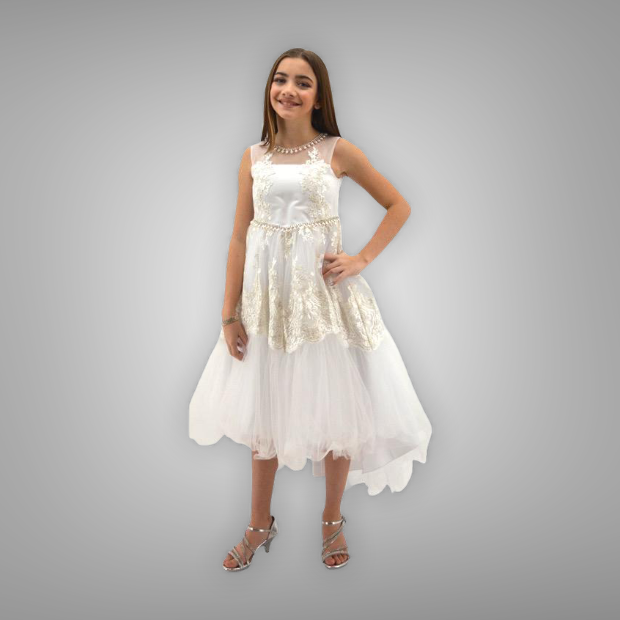 Paparazzi White Satin Communion Dress w/ Illusion Neckline & Embellished Organza Overlay