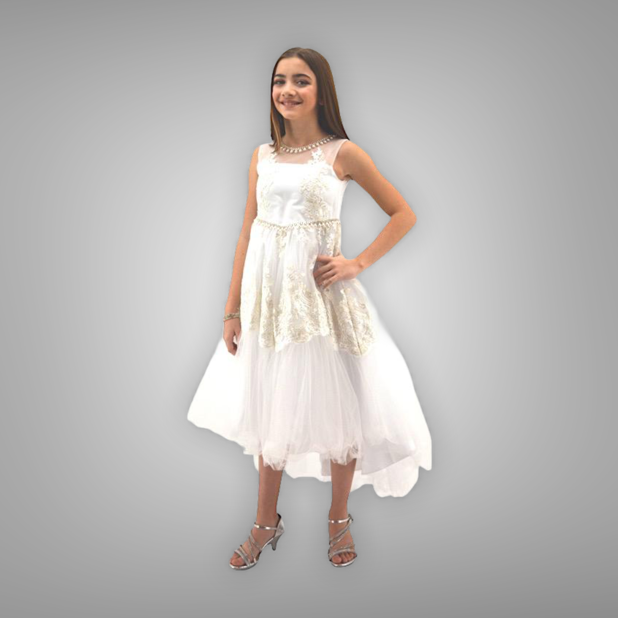 Paparazzi White Satin Communion Dress w/ Illusion Neckline & Embellished Organza Overlay